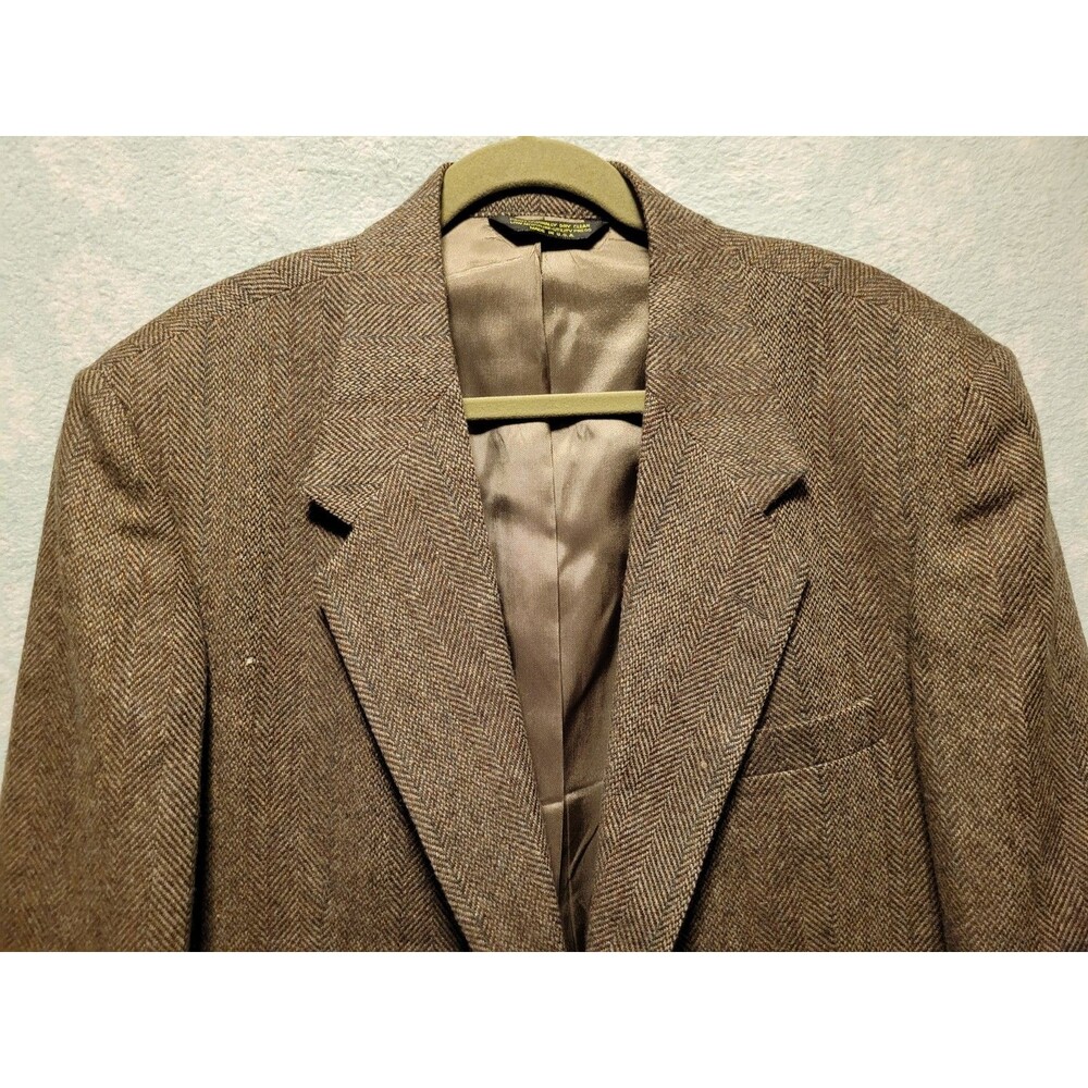 American Trend Mens Blazer 46 Tweed Lambs Wool Herringbone Vtg Brown Old Money